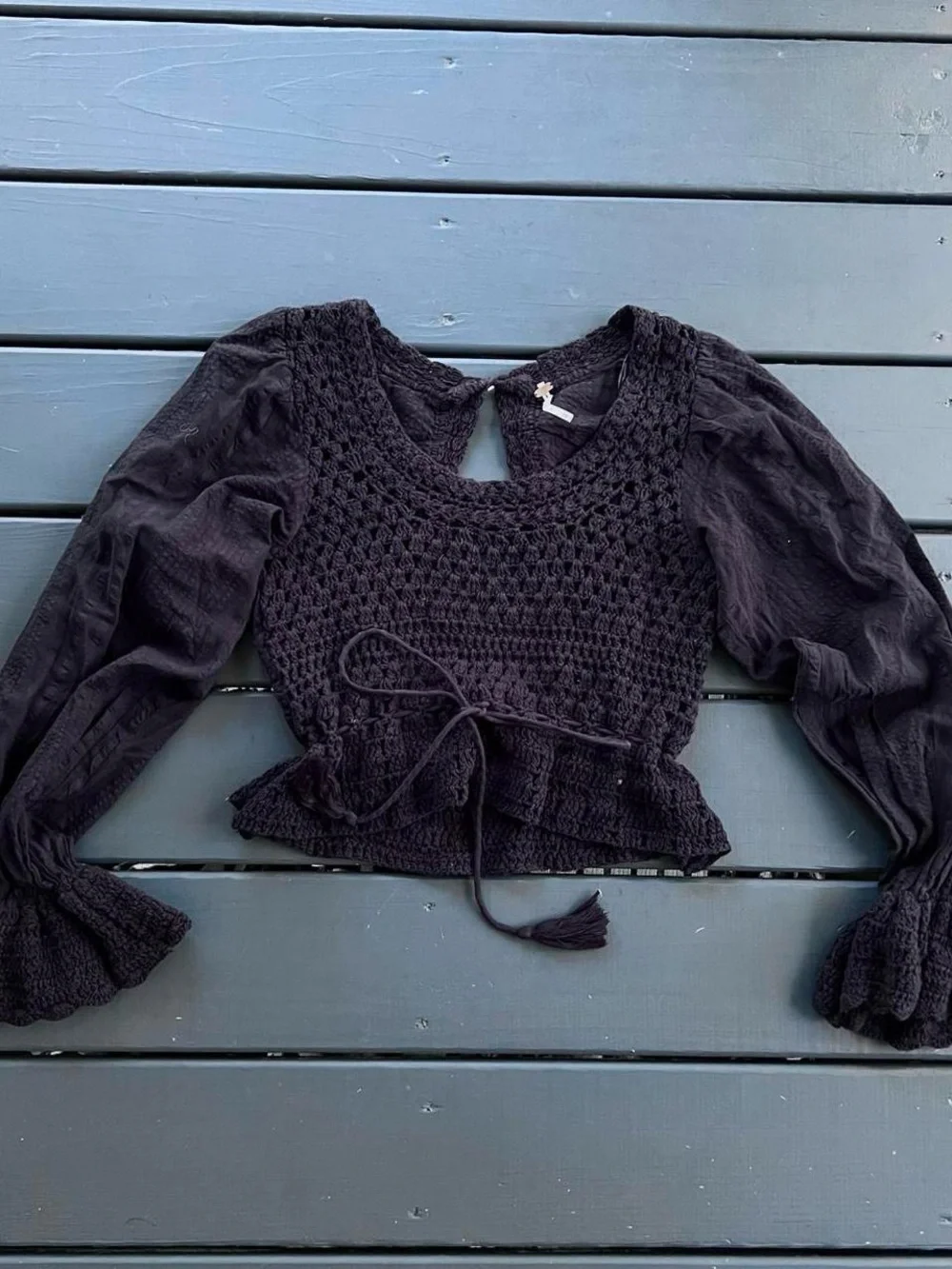 Free People Women Black Puff Sleeve Cowgirl Crochet Crop Open Back Top Size XS
